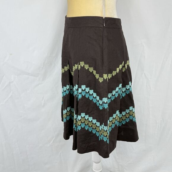 Ann Taylor LOFT Brown Pleat Skirt Embroidered Chevron Pattern 2P Linen - Picture 8 of 16